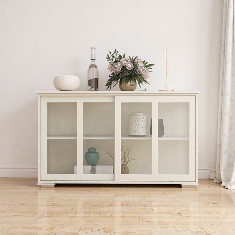 White Kitchen Storage Cabinet with Sliding Glass Doors & Adjustable Shelf | MDF Buffet Stand | Stylish Sideboard, White