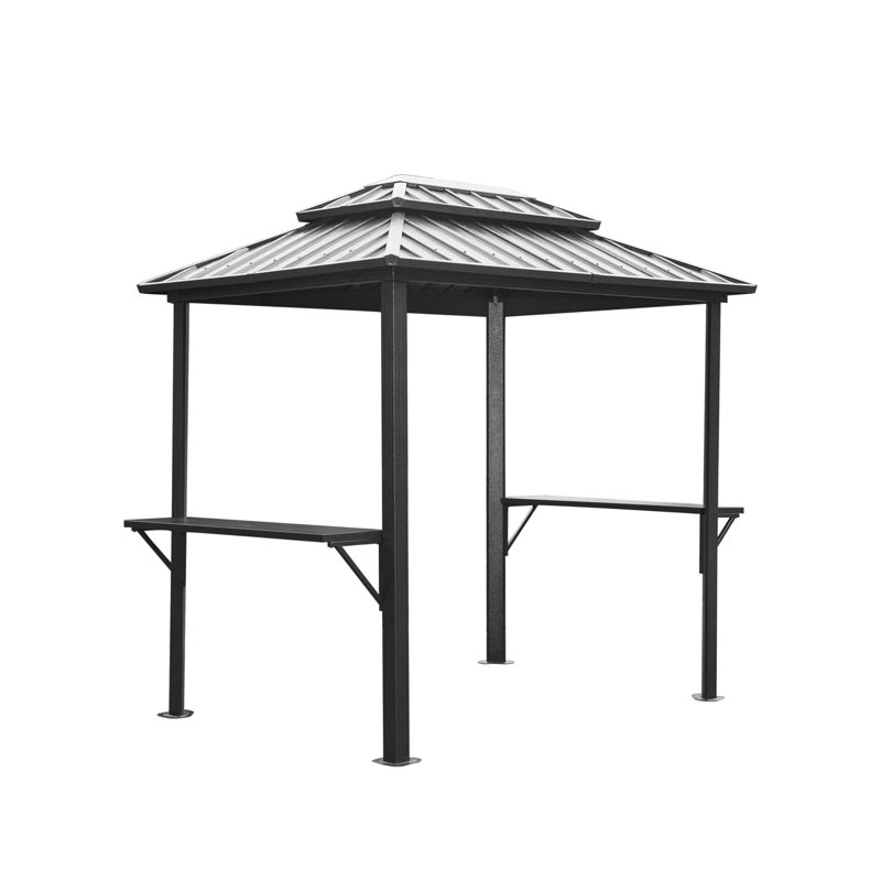 Pavillon de jardin grillagé 8 pi 6 po, structure en métal avec double toit et tablettes, pour terrasse arrière de jardin gris 8 pi 6 pi - et tablettes pratiques