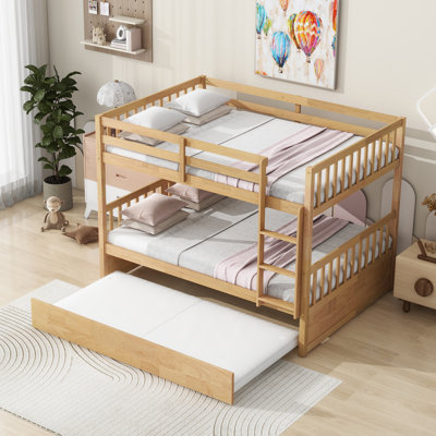 Lit superposé double en bois d'hévéa double avec gigogne simple, échelle et garde-corps, convertible en 2 lits doubles, chêne blanc