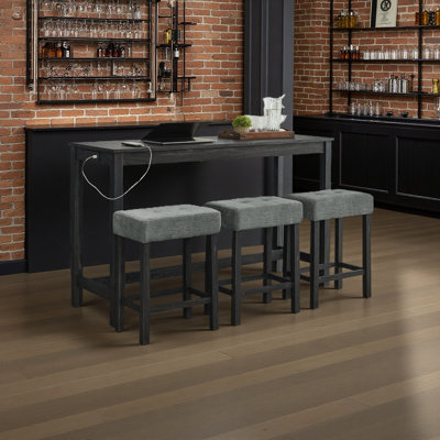 59 Inch Bar Table, Dining Table, Sofa Table With Power Outlet, 3 Upholstered Stools, 4 Piece Bar Table And Chair Set For Living Room