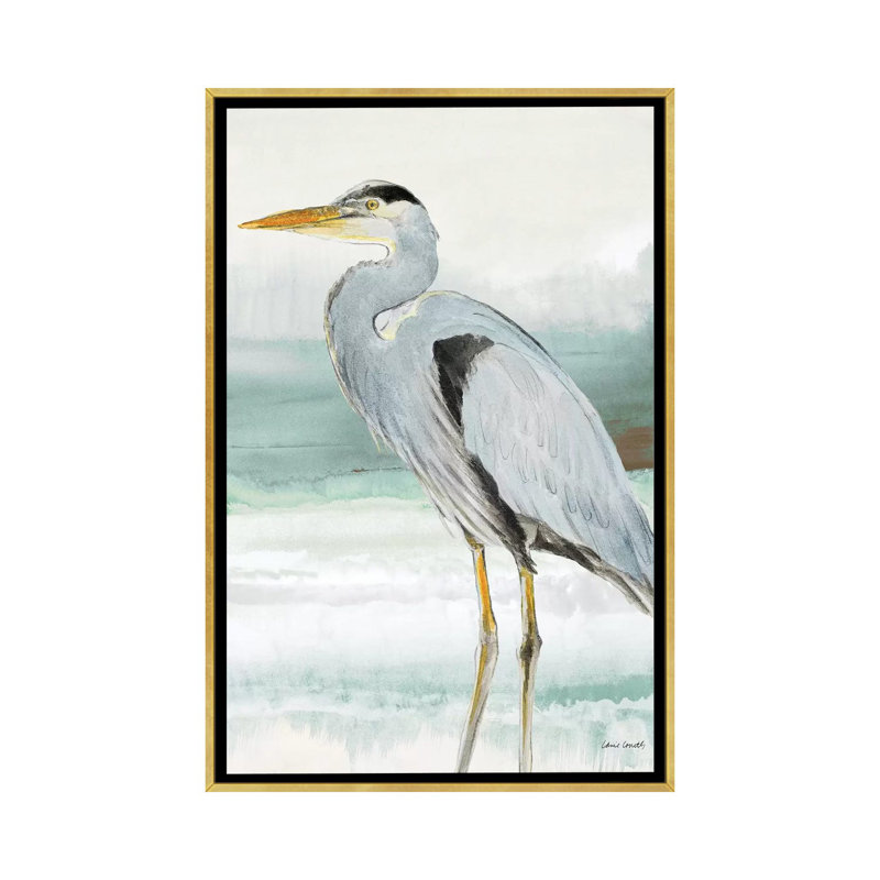 Reproduction d’art, "Heron on Seaglass I" par Lanie Loreth, H 60 po x l 40po x P 1,5 po, Toile encadrée d'or, Pas de tapis