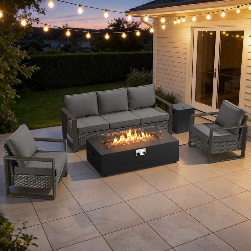 Drazen 5 - Person Patio Furniture Set With Fire Pit Table, All-Weather Wicker Outdoor Conversation Set With Chair And Thick Cushions