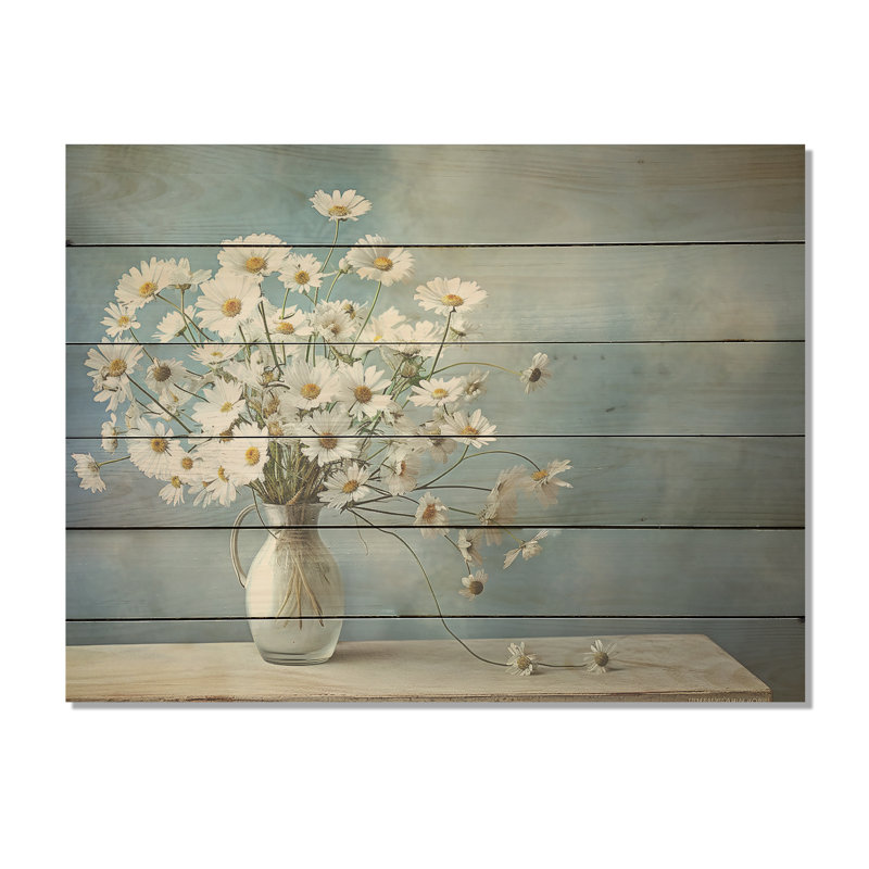 White Daisy Efflorescence Bouquet Serenity - Daisies Wood Wall Art On Natural Pine Wood, 30" H x 40" W