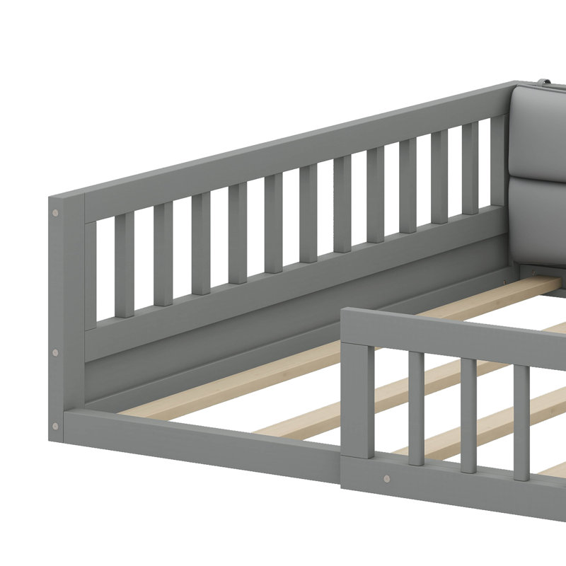 Lit plateforme double tapissier en bois avec garde-corps et coussin, Gris