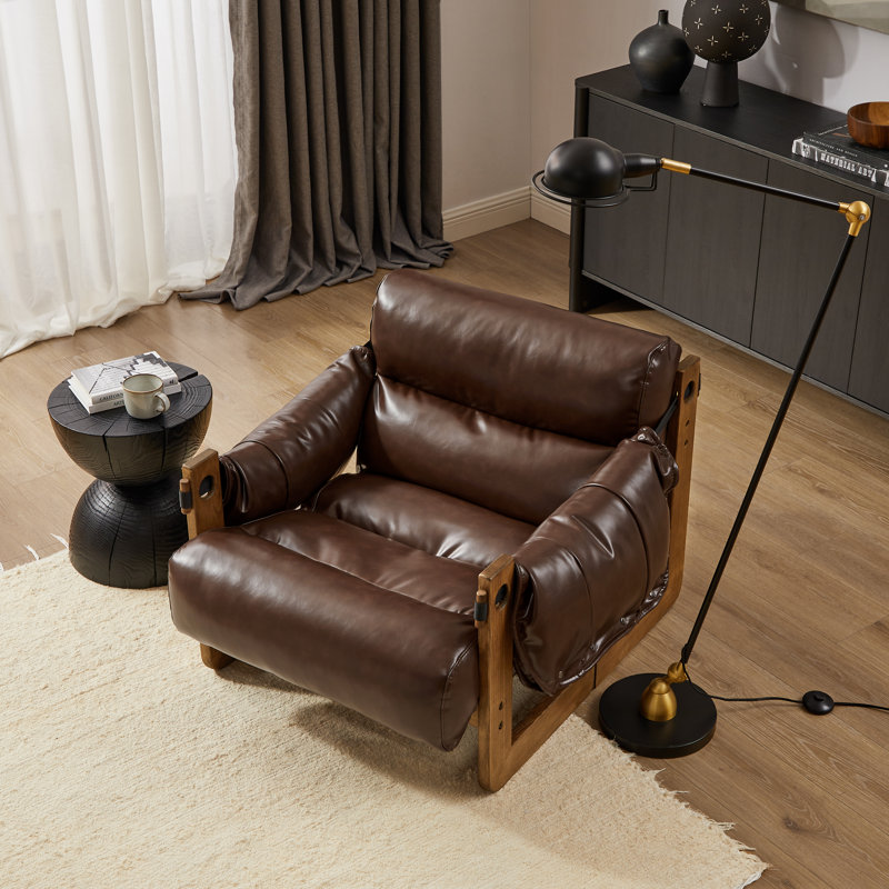 Solid Wood Leisure Lounge Chair, Chocolate Faux Leather