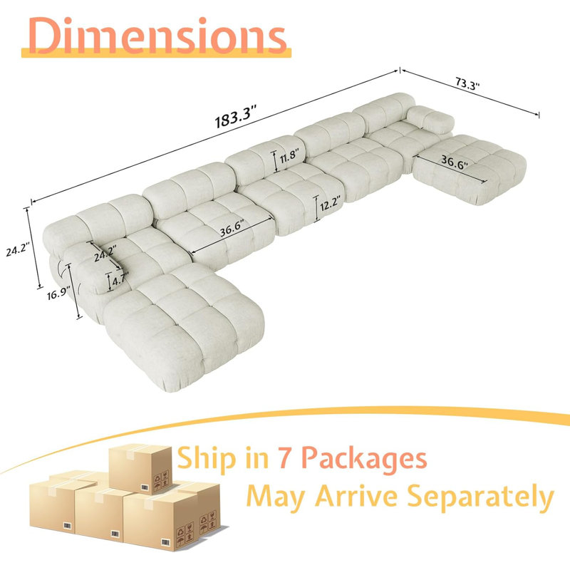 Canapé modulaire modulaire Boucle | 6 places en U | Canapé confortable avec repose-pieds Cloud, Tissu beige