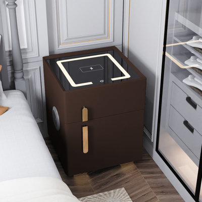 21 Inch Tall Modern Smart Pine Wood Microfiber Leather Safe Nightstand in 7 Colors with Password Key Lock Wireless Charging USB Three Color Light and Bluetooth Speaker