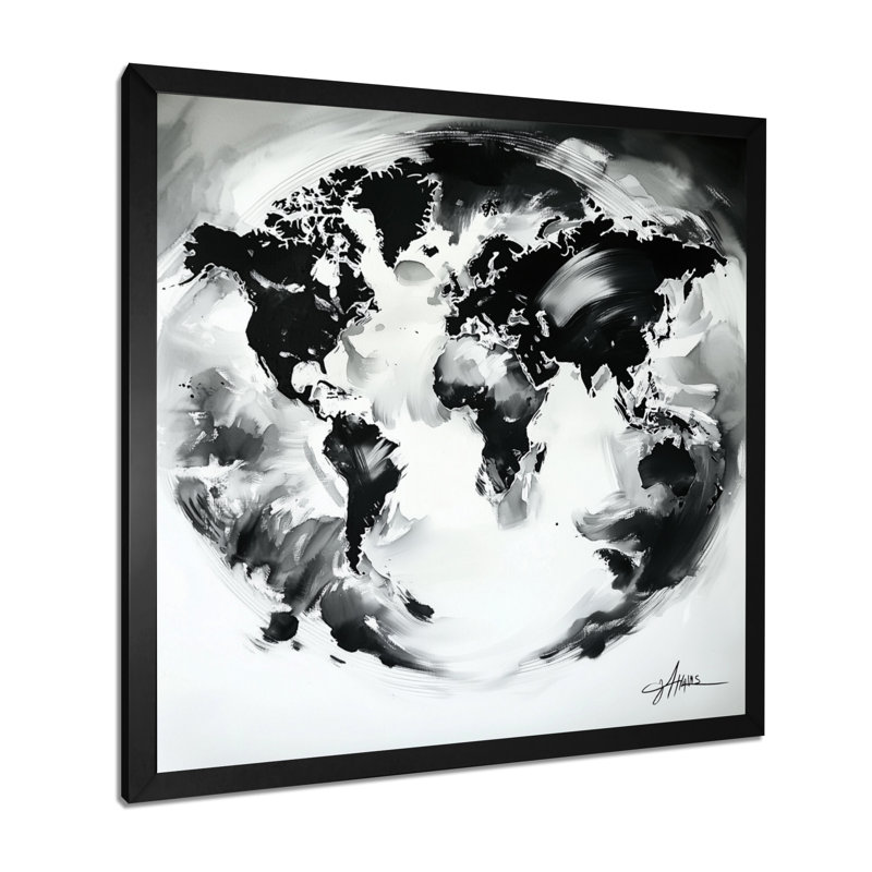 Carte des océans - carte du monde, art mural, H 16 po x l 16 po, Reproduction encadrée d'une seule photo sans pass, Noir