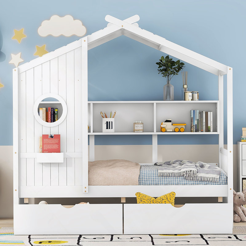 Lit simple en bois avec 2 tiroirs, lit pour enfant avec tablette de rangement, blanc, Twin