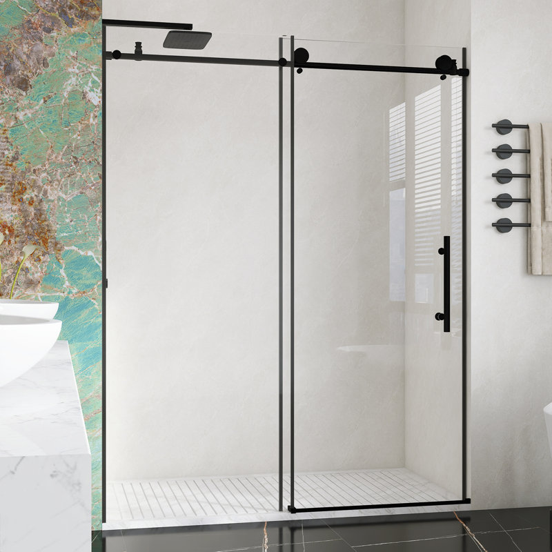 60" W X 76" H Frameless Single Sliding Shower Door With 1/4 "(6 Mm) Clear Tempered Glass, Matte Black