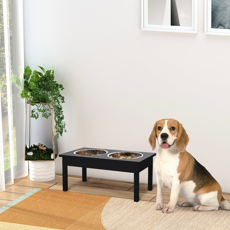Elevated Dog Food Bowls 23" In Black Wood, Facilitates Healthier Digestion For Pets, Detachable Bowls, Stable And Heavy Duty Wooden Pet - Black, Enhances Eating Experience, Removable Convenience,