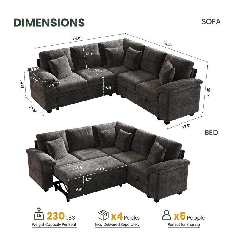 Canapé-lit modulaire convertible 86 po avec rangement dissimulé et accoudoirs rembourrés ergonomiques, Gris