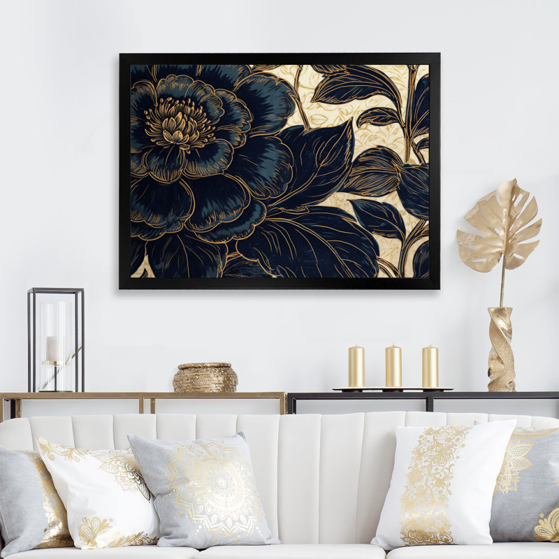 Pivoines bleues dorées, célébration sur toile, Cadre photo noir, H 12 po x l 20 po x P 1 po