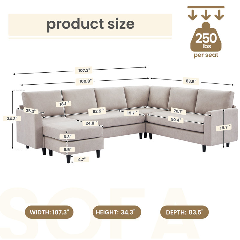 Canapé modulaire 107,3 po avec accoudoirs noirs et repose-pieds mobile pour 7 personnes Lyles, Tissu gris