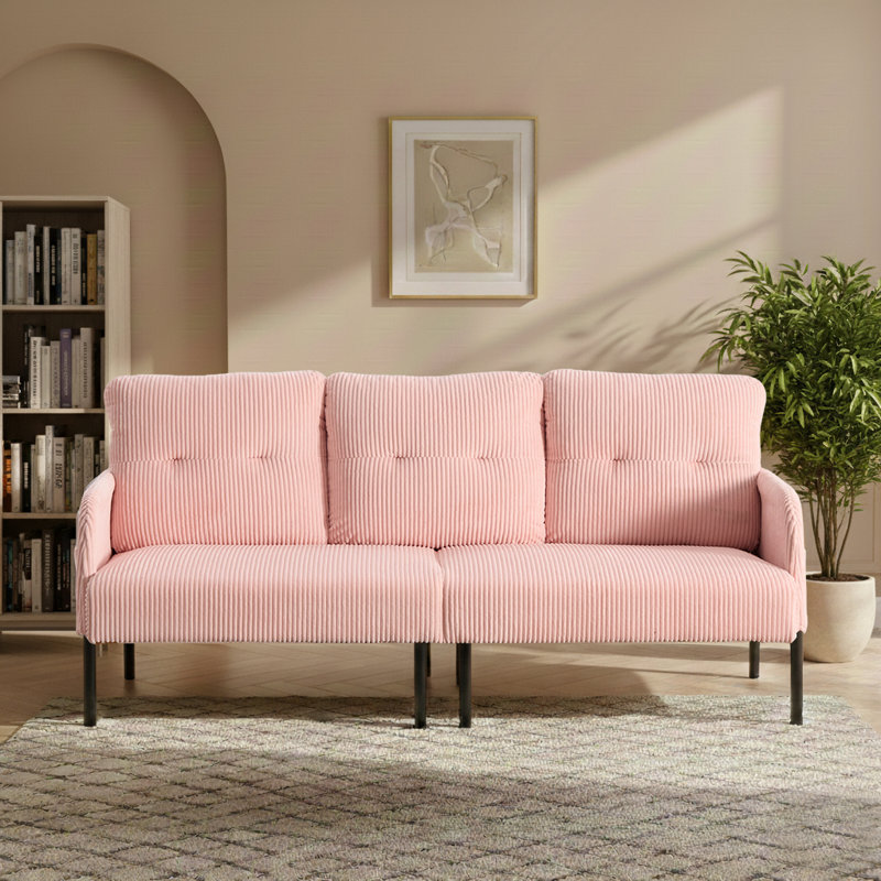 Canapé moderne en velours côtelé avec poches latérales et pieds en métal minimalistes, Rose