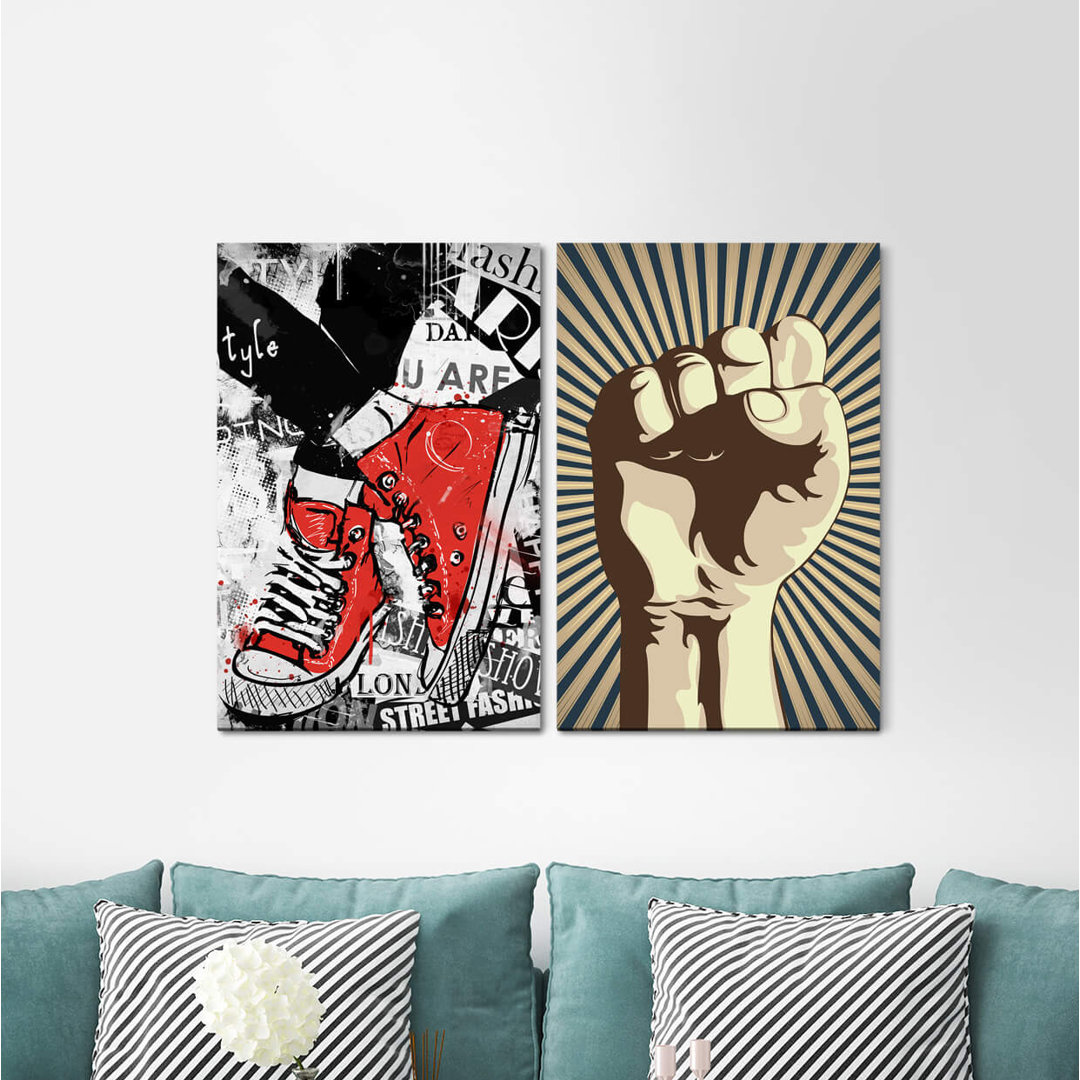 2-tlg. Leinwandbilder-Set - Grafikdruck „Streetart Revolution Fist Chucks Converse Red Sneakers”