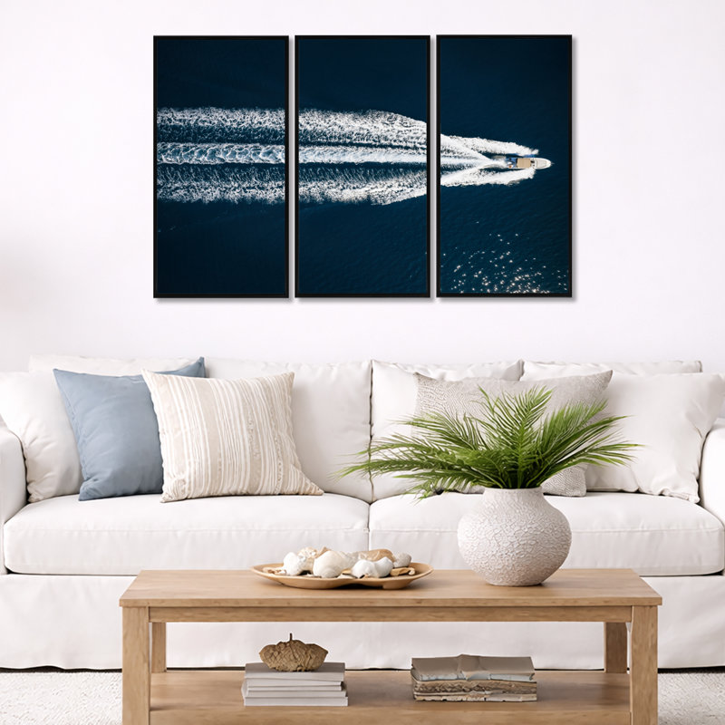 Speed Boat Canvas Wall Art Set, Mediterranean Sea Aerial Photography Print - Aerial View of Speed Boat in Mediterranean Sea