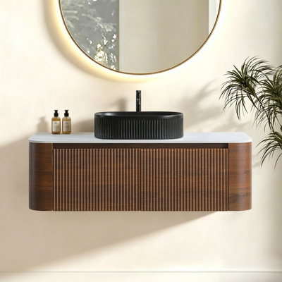 Meuble-lavabo 48 po avec lavabo, armoire murale avec porte-serviettes gratuit, lavabo simple en céramique rayé ovale noir, sans drain et robinet, pré-assemblé