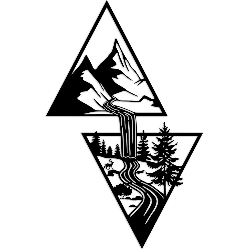 Double art mural triangulaire avec montagnes, arbre et rivière - bouleau baltique naturel (46 po x 29,06 po)