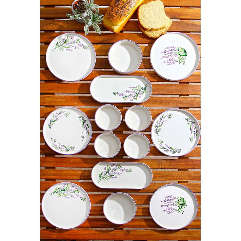 Dilesh Elegant 14-Piece Breakfast Set, 100% Ceramic | Includes 6 Plates (7.5 in), 2 Platters (9.8 x 4.3 x 1.4 in), 6 Bowls (4.1 x 4.1 x 1.4 in, 5.1 fl oz) | Dishwasher & Microwave Safe | Stylish White, Purple & Green Design