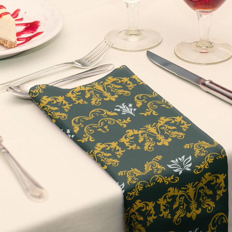 Damask Square Napkin, Gold/Dark Green/White, Polyester, 22" W x 22" L