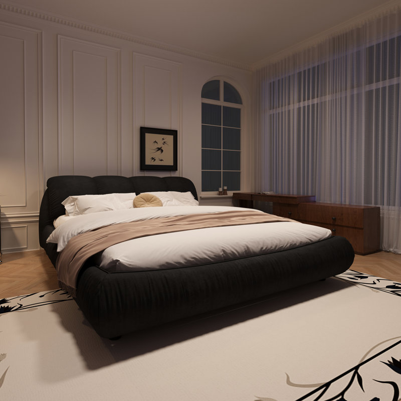 Lit plateforme tapissier noir, grand lit, avec structure en bois massif et coussin épais noir de luxe, support de tête de lit surdimensionné