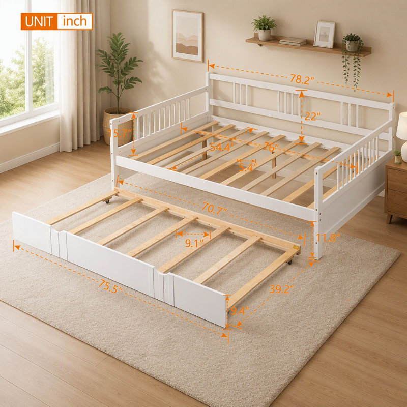 Lit de jour double avec gigogne gigogne simple, canapé élégant et lit, Double, Blanc, Trundle bed