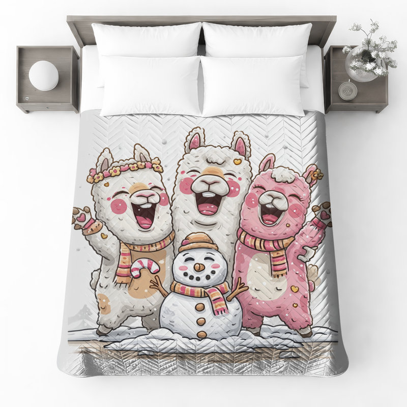 Dessin de couvre-lit lamas avec bonhomme de neige, Lit simple