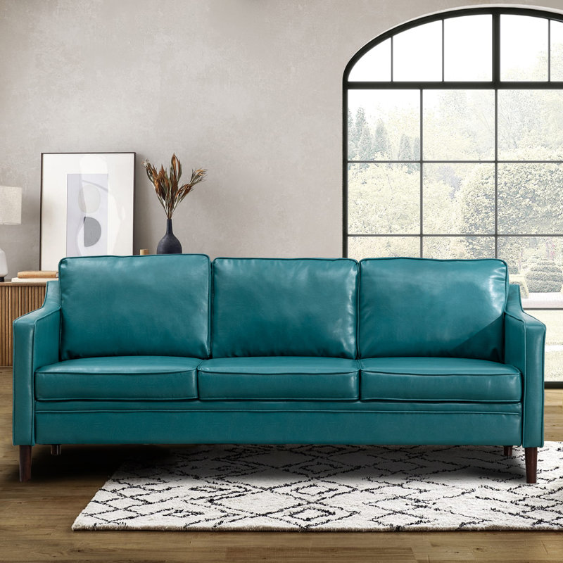  Jannae 80" Vegan Faux Leather Upholstered Square Arm Sofa, Jannae Ocean Blue Faux Leather