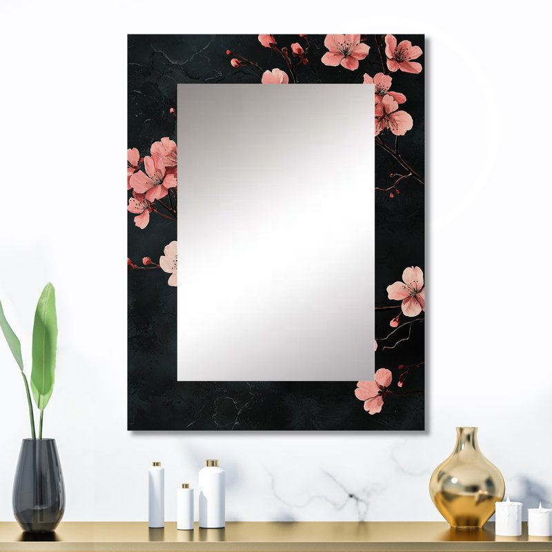 Cherry Blossom Midnight Blooms I - miroir décoratif fleur de cerisier, miroir mural traditionnel, impression d'art en métal
