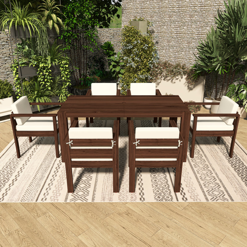 Ensemble repas d'extérieur 7 pièces avec coussins amovibles et trou pour parasol 7 pièces, Moka
