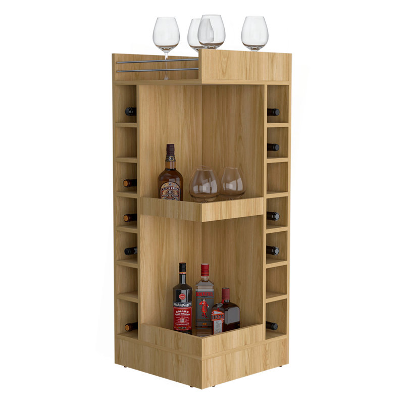 Fm Furniture Lamer Corner Bar Cabinet With Wine Rack And Open Shelf, Natural Wood