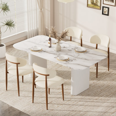 Ensemble de salle à manger de style campagnard de 63 po de largeur, table de salle à manger en bois avec chaise rembourrée en lin pour 4-6 personnes