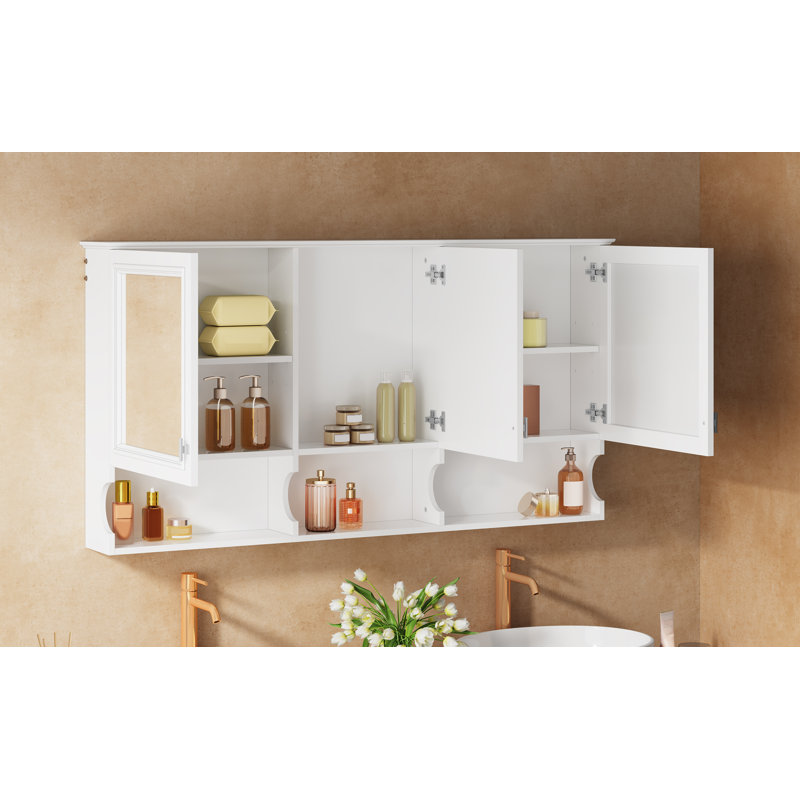 Armoire à pharmacie de 55 pouces avec tablettes ouvertes, rangement mural avec portes et miroir, tablette réglable, armoire de rangement pour salle de bain au-dessus de la toilette, armoire