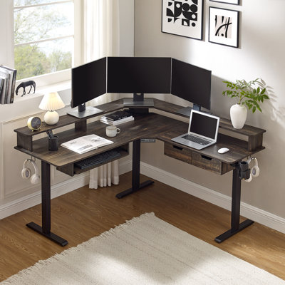 60" L-shaped Electric Standing Desk With Power Outlets & Led Lights