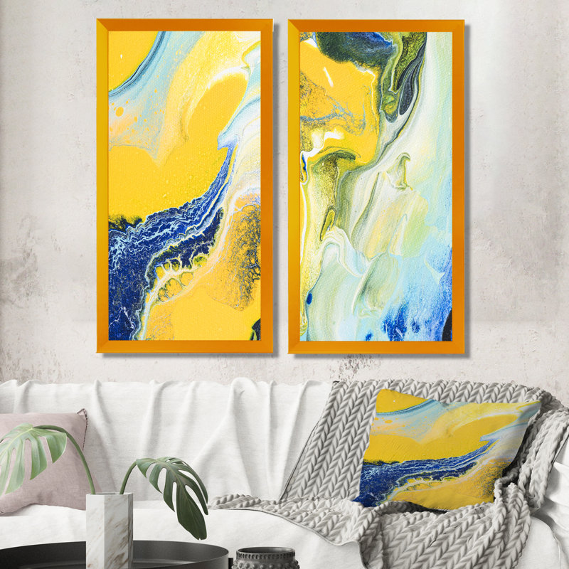 Art mural abstrait jaune et bleu - ensemble de 2 toiles murales, H 20 po x l 24 po x P 1 po, Cadre photo doré