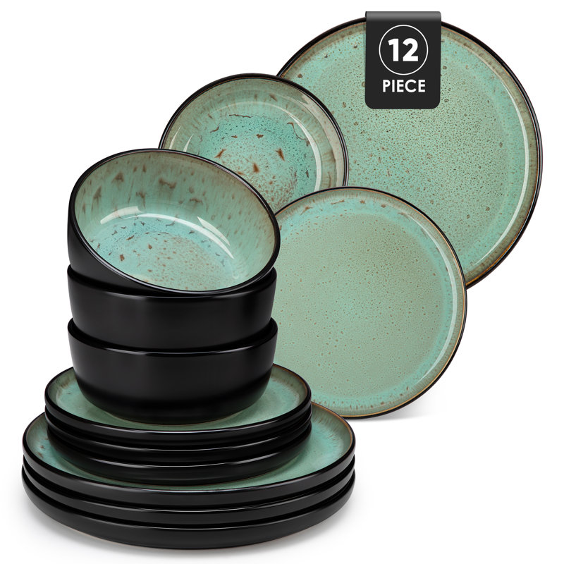 Ambrru Stoneware Dinnerware Set 12 Piece - Service for 4, Green