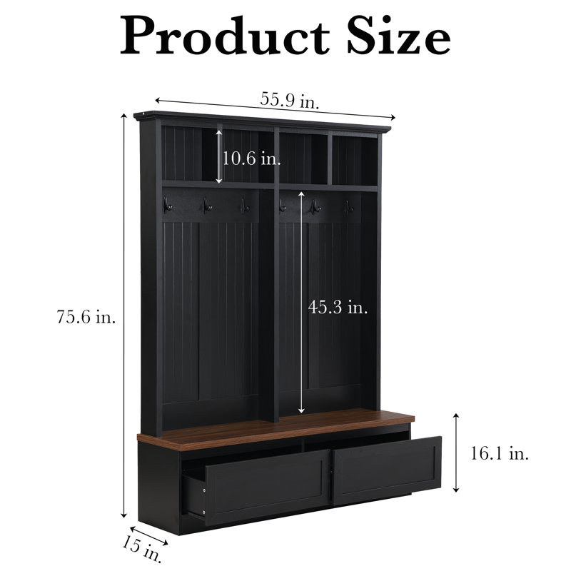 Farmhouse Hall Tree 55.9" Width X 75.6" Height With Shoe Bench And Coat Hooks, Black