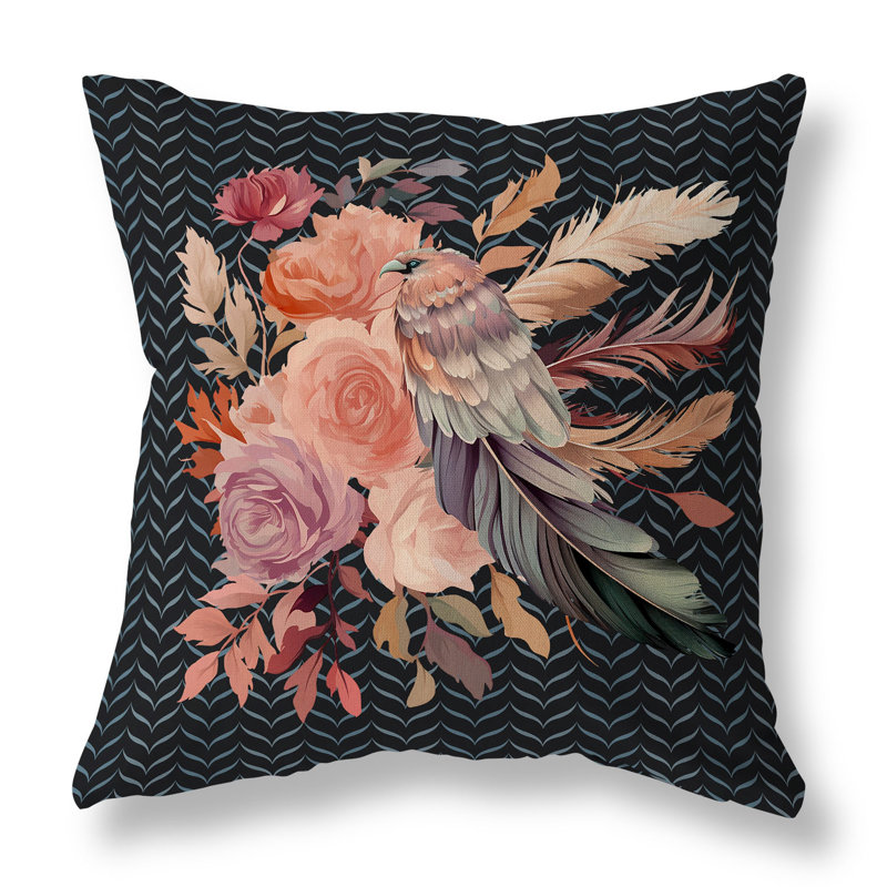 Coussin décoratif réversible Feathered Bouquet, H 20 po x l 20 po, Motif floral noir / rose, Broadcloth