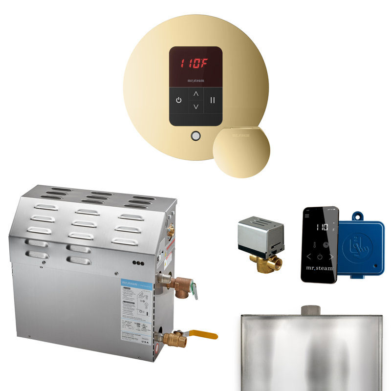 Ensemble de générateur de douche à vapeur MS 10 kW (10 000 W) avec contrôle rond d'iTempo et accessoires, Laiton poli