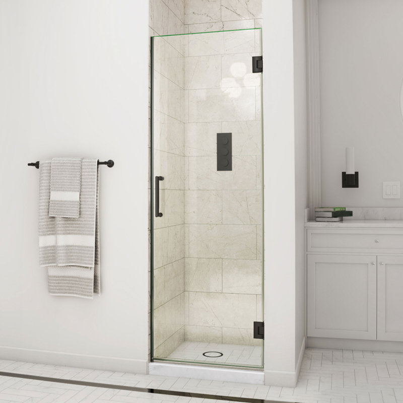 Unidoor 23" W x 72" H Hinged Frameless Shower Door, Clear Glass, Matte Black