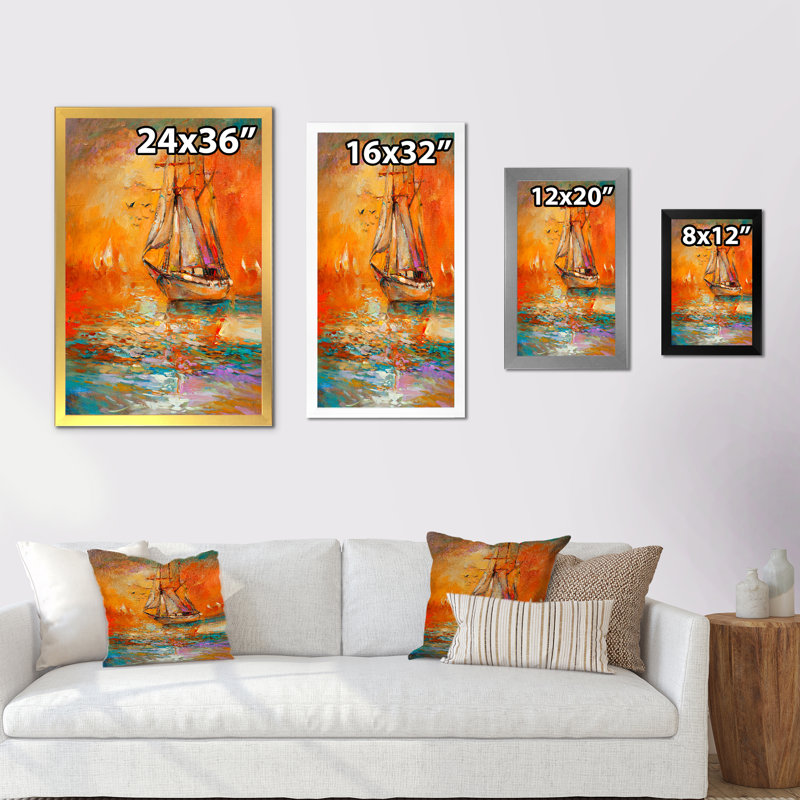 «Colorful Ocean Sail Boat II» - Impression sur bois orange nautique et côtier, Impression noire sur toile encadrée