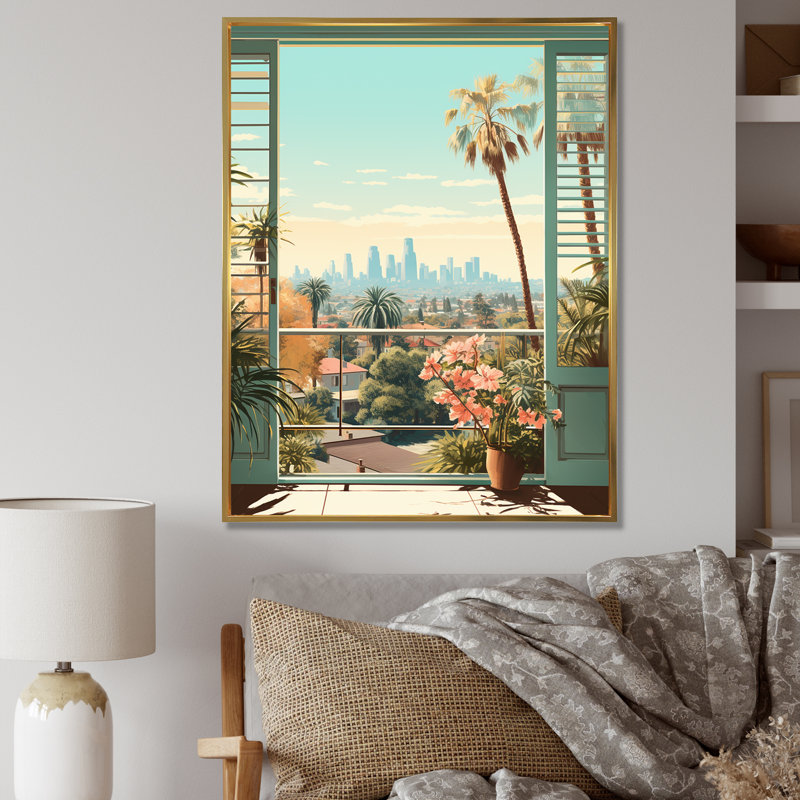 «Vintage Los Angeles Window View 2», art mural floral, Cadre flottant doré, H 32 po x l 24 po x P 1 po