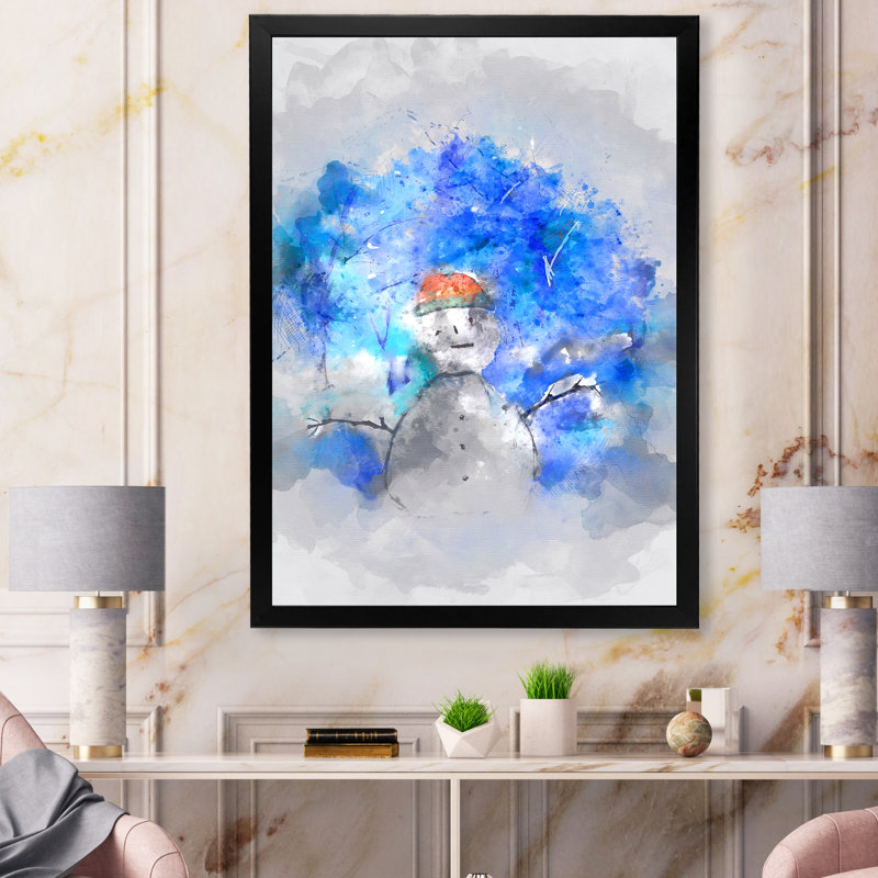 «Snowman In Blue Winter Forest», reproduction d'art sur toile pour enfants, H 20 po x l 12 po, Cadre photo noir