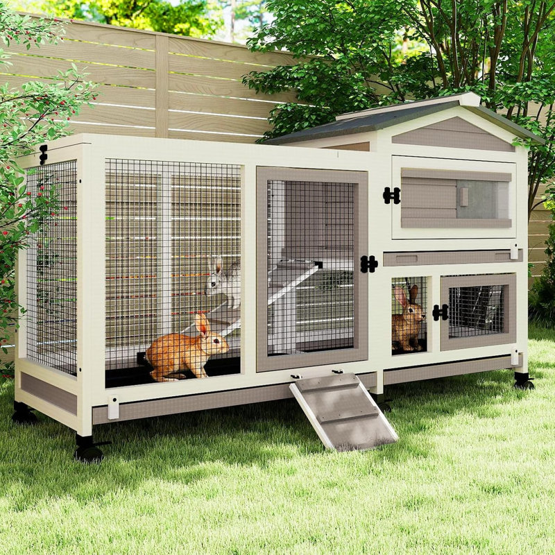 2 Story Rabbit Hutch Outdoor Indoor, Wooden Bunny Cage with Lockable Wheels, Removable Trays, and Waterproof Roof