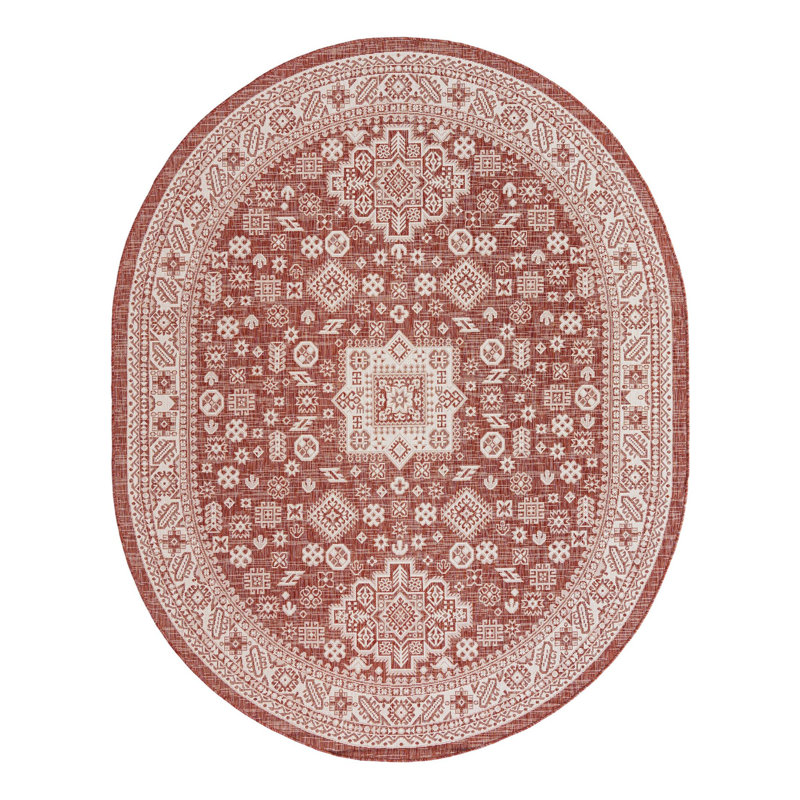 Tapis intérieur / extérieur rouge rouille en polypropylène tissé à la machine Archange, Ovale 7 pi 10 po x 10 pi