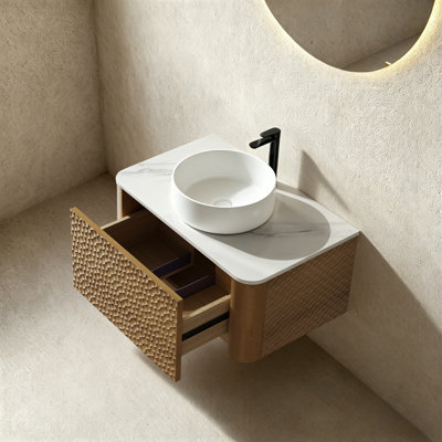 Ensemble de meuble-lavabo mural, lavabo flottant avec lavabo rond en céramique, ensemble de meuble-lavabo texturé en nid d'abeille pour petits espaces, peu encombrant