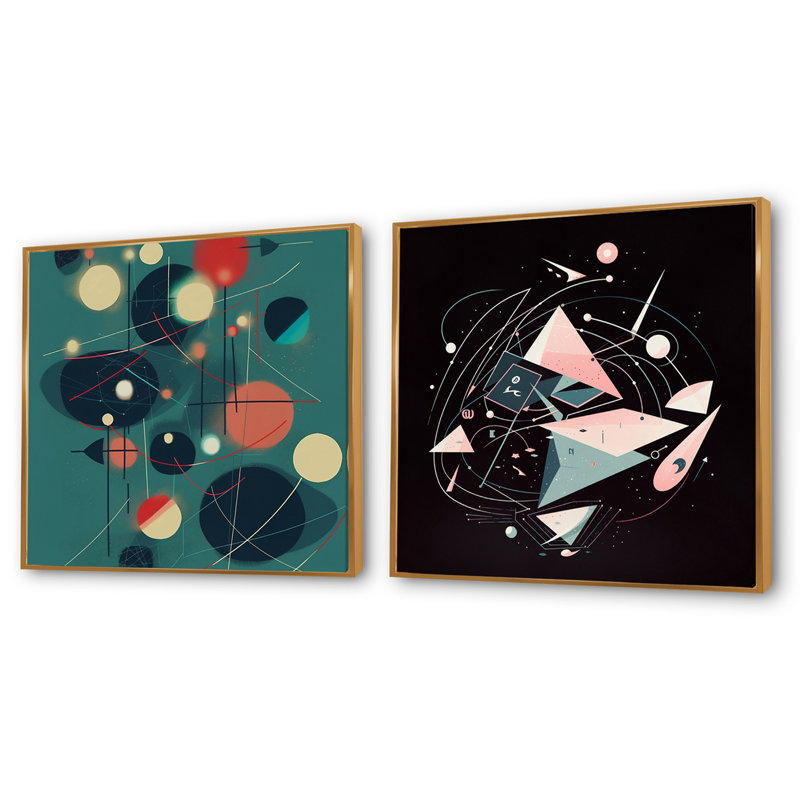 Approche minimaliste Mid-Century - ensemble de 2 collages abstraits carrés, Cadre flottant doré, H 36 po x l 73 po