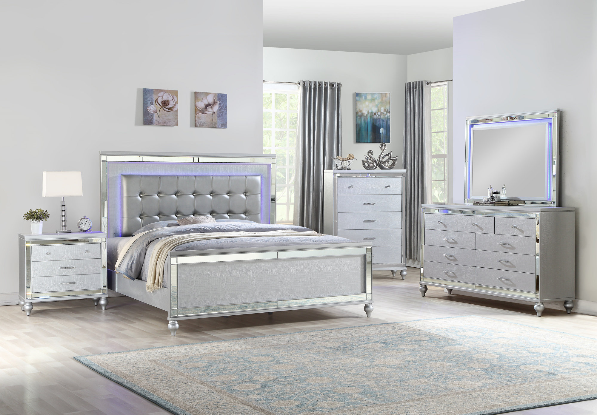 Everly Quinn Full 5 PC LED Bedroom set made with wood in Silver Color ...