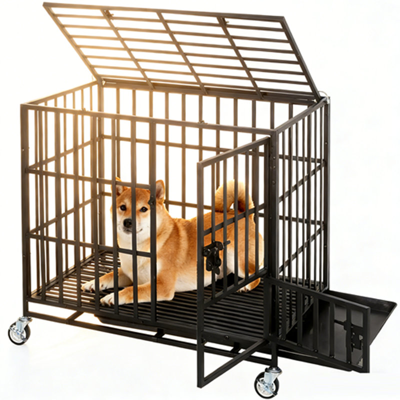 Heavy Duty Escape-Proof Dog Crate - XL Metal Kennel with 3 Doors, Removable Tray & Wheels, Secure Indestructible Indoor Cage for Large/Medium Dogs, Bl